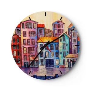 Wandklok - Klok - Kleurrijke huurkazernes weerspiegelen in het water in de impressionistische stijl - 30x30cm - Een stad als uit een sprookje - Moderne wanddecoratie voor woonkamer, keuken en slaapkamer ARTTOR
