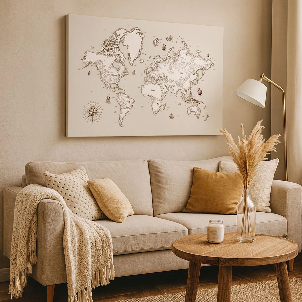Schilderen op canvas - Een gestileerde wereldkaart in beige- en bruintinten. - 70x50cm - Reis rond de wereld - Moderne wanddecoratie voor woonkamer en slaapkamer ARTTOR