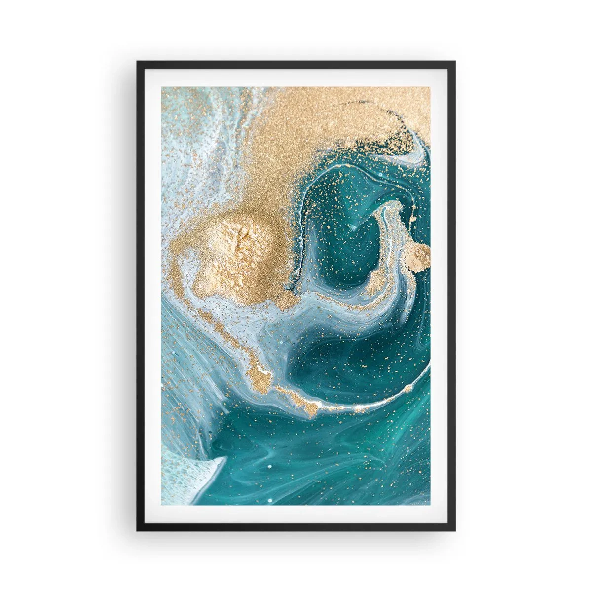 Poster in een zwarte lijst - Een werveling van goud en turkoois - 61x91 cm