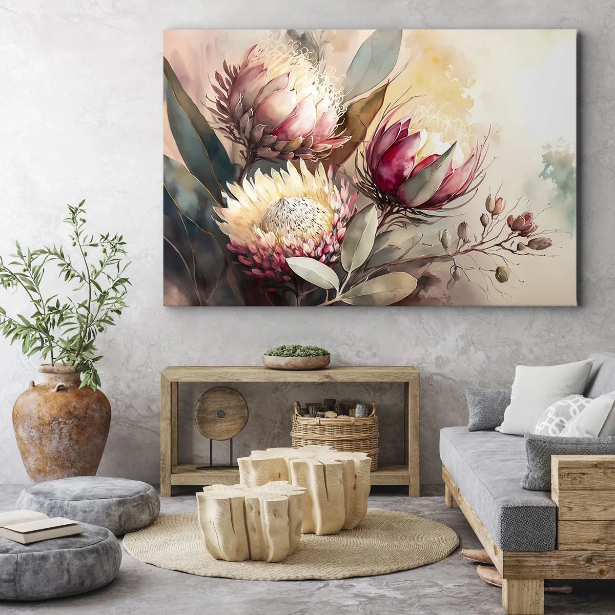 Schilderen op canvas - Protea-bloemen in delicate pasteltinten - 70x50cm - In profiel en en face - Moderne wanddecoratie voor woonkamer en slaapkamer ARTTOR