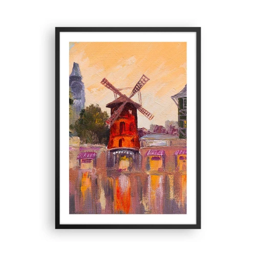 Poster in een zwarte lijst - Een schilderachtige interpretatie van de beroemde molen tegen de achtergrond van de stad - 50x70cm - Parijse iconen – Moulin Rouge - Moderne wanddecoratie voor woonkamer en slaapkamer ARTTOR