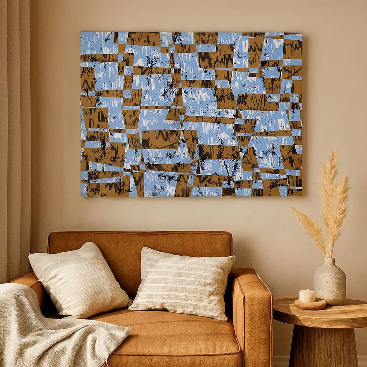 Schilderen op canvas - Een abstracte compositie van rechthoeken in tinten bruin en blauw. - 70x50cm - Een niet-menselijke knipsel - Moderne wanddecoratie voor woonkamer en slaapkamer ARTTOR