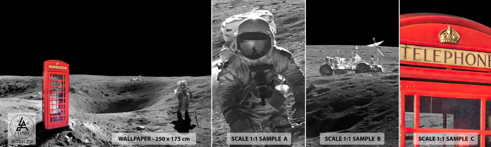 Fotobehang Monster Zelfklevend Deluxe Sticker - Een kosmische grap - Abstractie, Maan, Astronaut - 100x30 cm