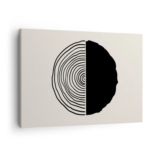 Schilderen op canvas - Een abstract zwart-wit motief geïnspireerd op een dwarsdoorsnede van hout met een geometrische verdeling. - 70x50cm - Half om half - Moderne wanddecoratie voor woonkamer en slaapkamer ARTTOR