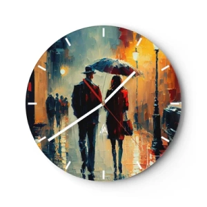 Wandklok - Klok - Een echtpaar onder een paraplu in een stedelijke omgeving, geschilderd met paletmes - 30x30cm - Stedelijk love strory - Moderne wanddecoratie voor woonkamer, keuken en slaapkamer ARTTOR