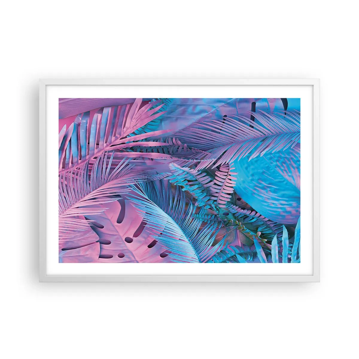 Poster in een witte lijst - Tropen in roze en blauw - 70x50 cm