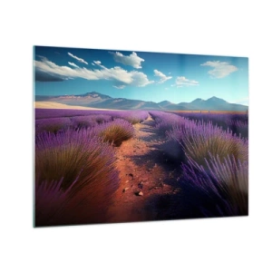 Schilderen op glas - Lavendelvelden bij zonsondergang met uitzicht op de bergen - 70x50cm - Geurige velden - Moderne wanddecoratie voor woonkamer en slaapkamer ARTTOR