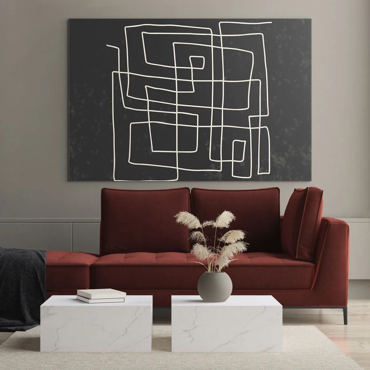 Schilderen op glas - Geometrische abstractie met witte lijnen op een zwarte achtergrond - 70x50cm - Niet zo eenvoudig - Moderne wanddecoratie voor woonkamer en slaapkamer ARTTOR