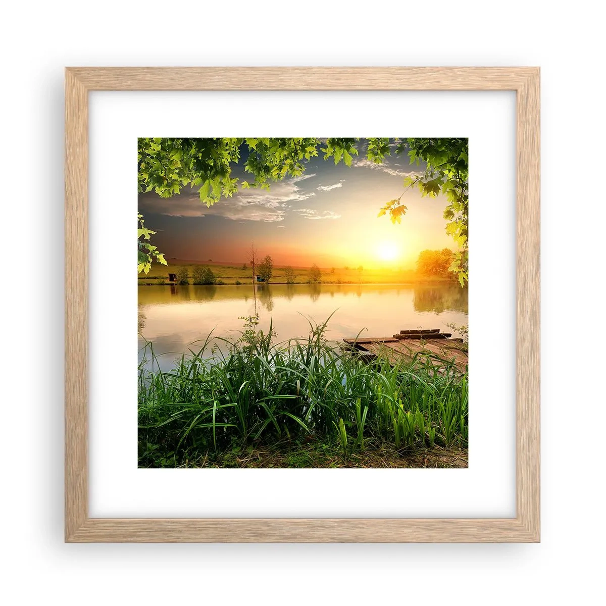 Een poster in een licht eiken lijst - Landschap in een groen kader - 30x30 cm
