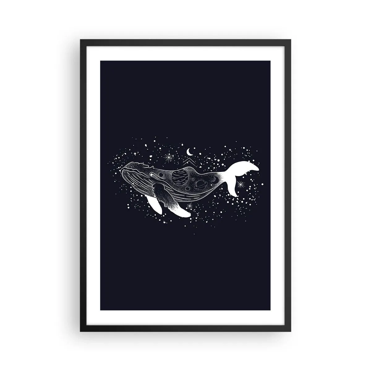 Poster in een zwarte lijst - Een ruimtewalvis in grafische stijl op een zwarte achtergrond - 50x70cm - In de oceaan van het universum - Moderne wanddecoratie voor woonkamer en slaapkamer ARTTOR