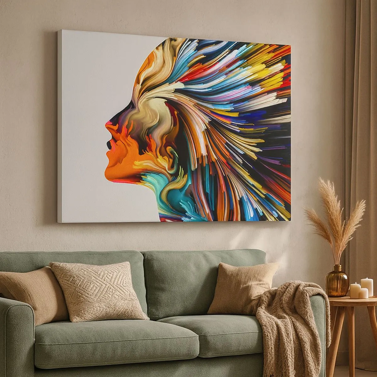 Schilderen op canvas - Abstract gezichtsprofiel met kleurrijke dynamische lijnen. - 70x50cm - Een explosie van verbeelding - Moderne wanddecoratie voor woonkamer en slaapkamer ARTTOR