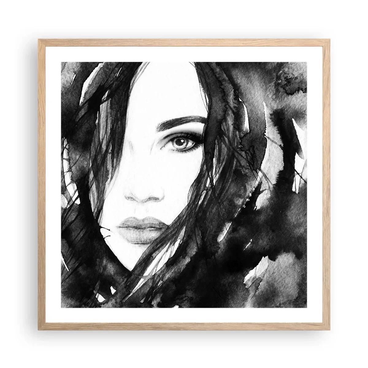 Een poster in een licht eiken lijst - Portret van een dame in zwart en wit - 60x60 cm
