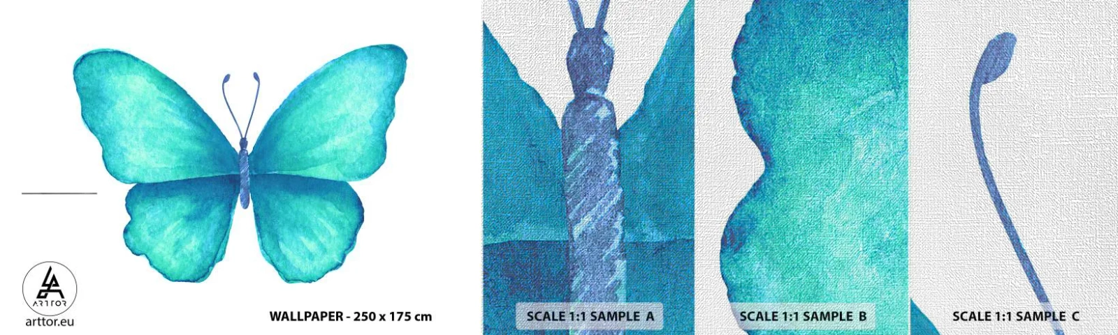 Fotobehang Monster Premium Canvas - Turkoois van nature - Vlinder, Voor kinderen, Grafisch - 100x30 cm