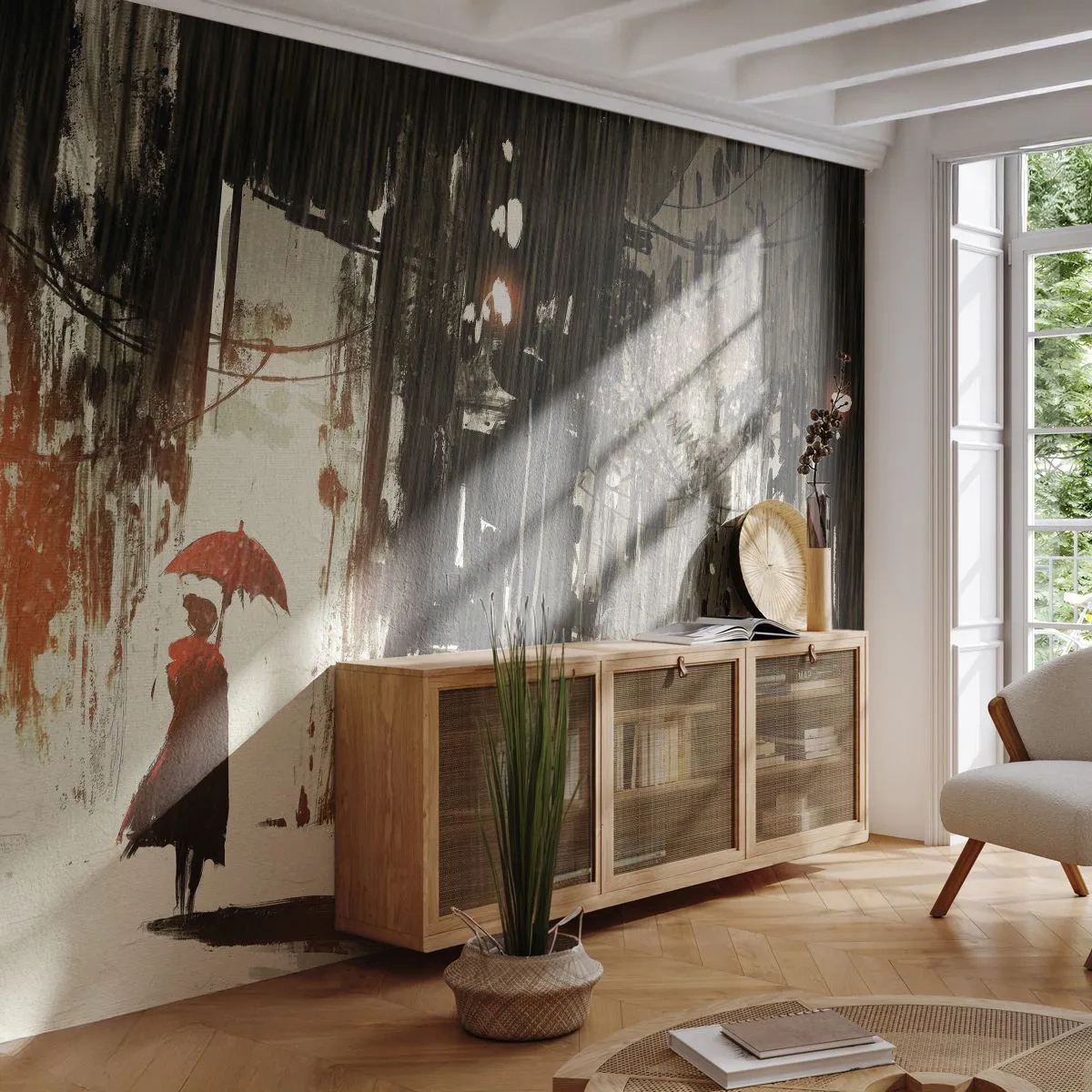 Zelfklevend Fotobehang Deluxe Sticker - De poëzie van de rode paraplu - Stad, Vrouw, Architectuur - 500x350 cm