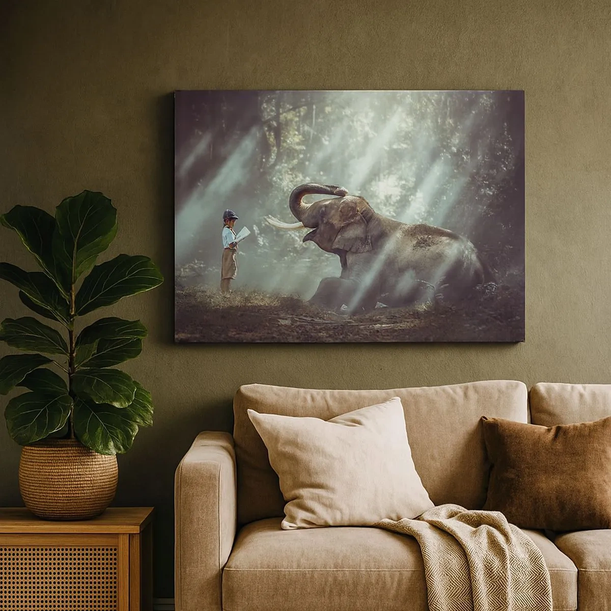 Schilderen op canvas - Een jongen en een olifant in een bosrijke omgeving, verlicht door zonlicht - 70x50cm - En luister hier eens naar... - Moderne wanddecoratie voor woonkamer en slaapkamer ARTTOR