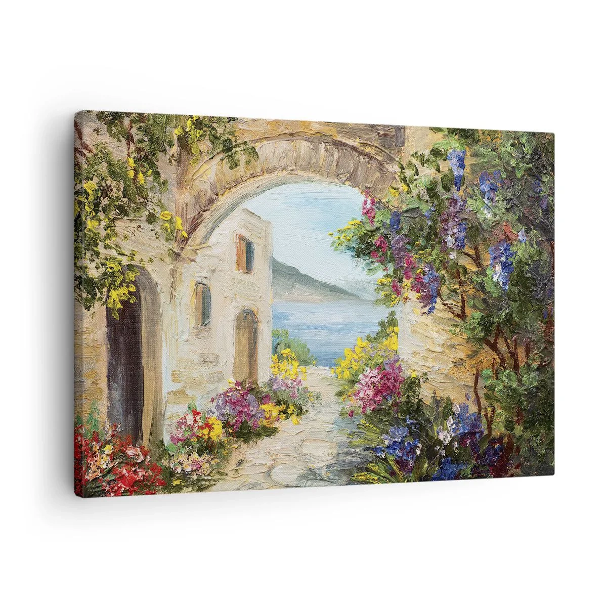 Schilderen op canvas - Zeegezicht met stenen gebouwen en bloemen - 70x50cm - De charme van een kustprovincie - Moderne wanddecoratie voor woonkamer en slaapkamer ARTTOR