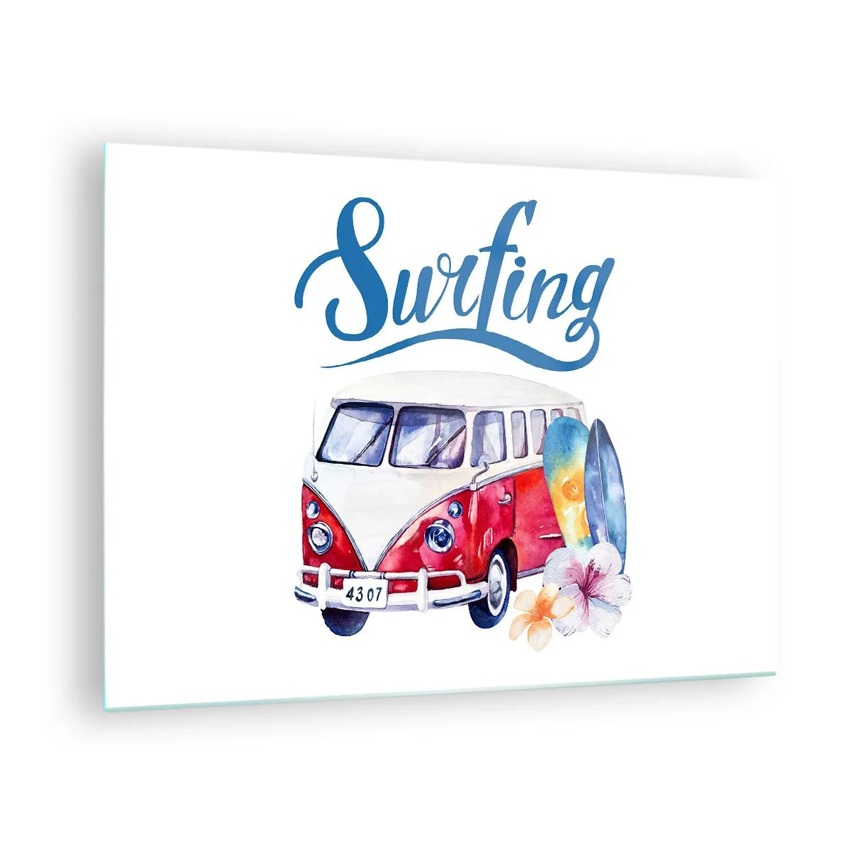 Schilderen op glas - Surfthema met busje en boards - 70x50cm - Komkommer - een klassieker voor een surfer - Moderne wanddecoratie voor woonkamer en slaapkamer ARTTOR