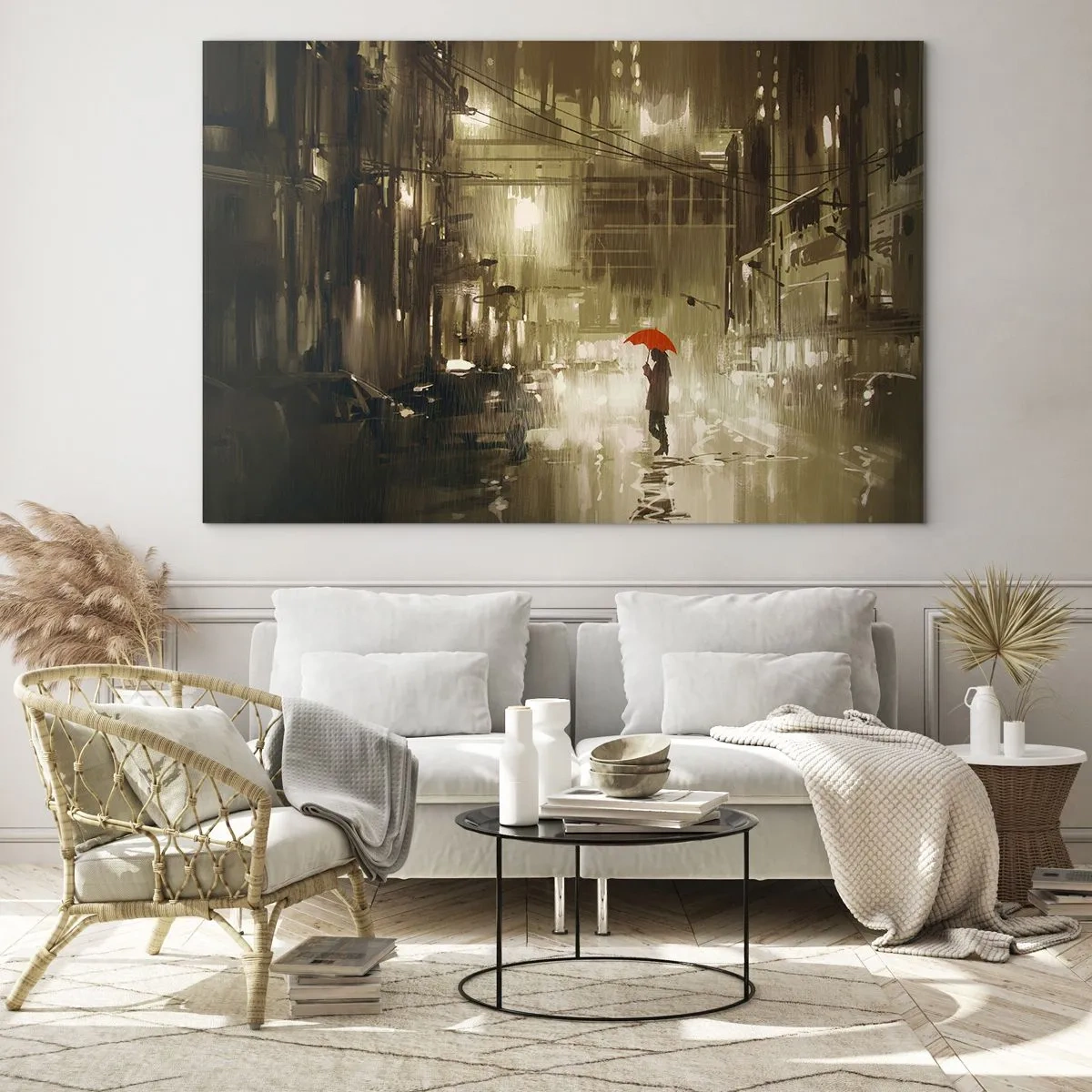 Schilderen op glas - Persoon met rode paraplu in regenachtig stadslicht 's nachts - 70x50cm - Alleen maar niet eenzaam - Moderne wanddecoratie voor woonkamer en slaapkamer ARTTOR