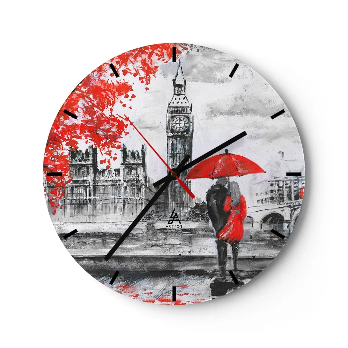 Wandklok - Klok - Een stel onder een rode paraplu met de Big Ben en het Parlementsgebouw op de achtergrond. - 30x30cm - Verliefd op Londen - Moderne wanddecoratie voor woonkamer, keuken en slaapkamer ARTTOR