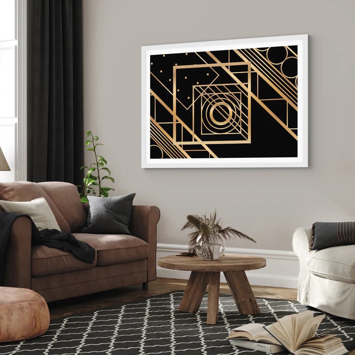 Poster in een witte lijst - Gouden geometrie - 91x61 cm