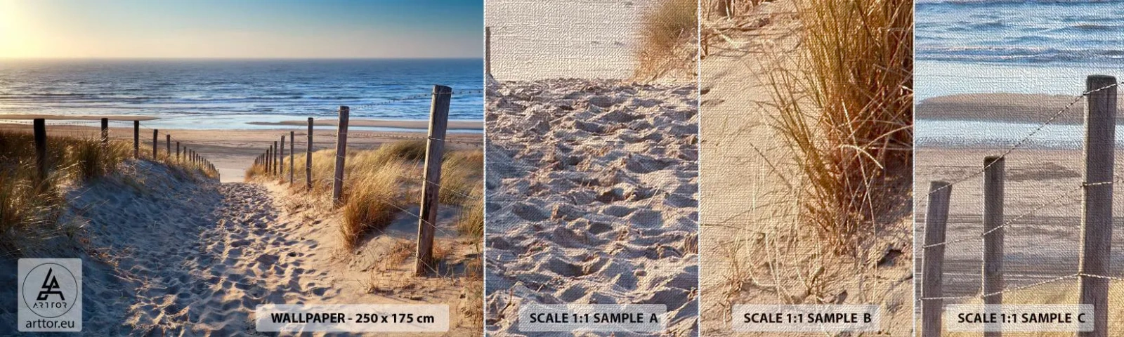 Fotobehang Monster Premium Canvas - Het geluid van de zee, het zingen van vogels, een wild strand tussen het gras... - Landschap, Strand, Duinen - 100x30 cm