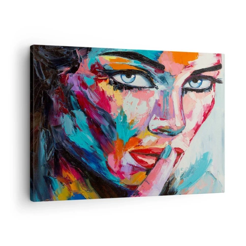 Schilderen op canvas - Kleurrijk portret van een vrouw in abstracte stijl - 70x50cm - Ons eerste geheim - Moderne wanddecoratie voor woonkamer en slaapkamer ARTTOR