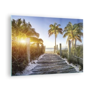 Schilderen op glas - Houten pad op het strand omgeven door palmbomen - 70x50cm - Rechtstreeks naar het paradijs - Moderne wanddecoratie voor woonkamer en slaapkamer ARTTOR