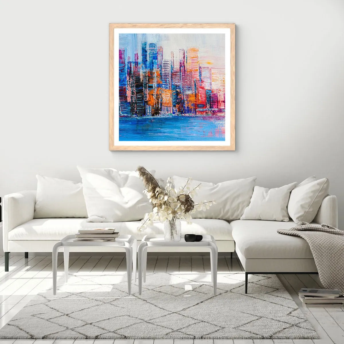 Een poster in een licht eiken lijst - Een vrolijke metropool - 60x60 cm