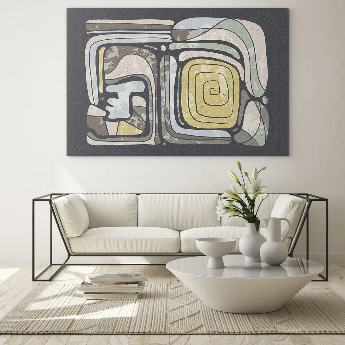 Schilderen op glas - Geometrische abstractie in aardse tinten op een zwarte achtergrond - 70x50cm - Abstractie in de precolumbiaanse geest - Moderne wanddecoratie voor woonkamer en slaapkamer ARTTOR