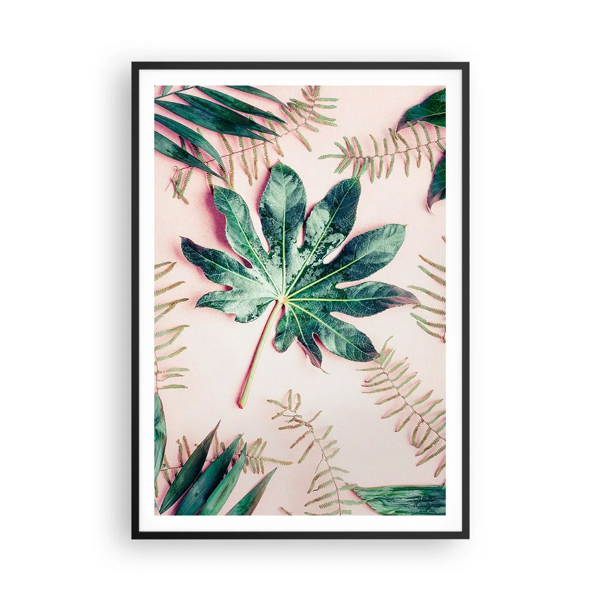 Poster in een zwarte lijst - Een studie van groen op een roze achtergrond - 70x100 cm