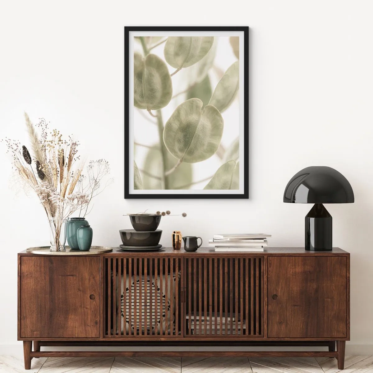 Poster in een zwarte lijst - Close-up van groene bladeren in natuurlijk licht - 50x70cm - In het begin waren er bladeren... - Moderne wanddecoratie voor woonkamer en slaapkamer ARTTOR