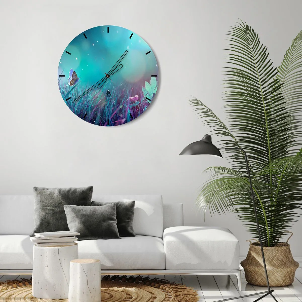 Wandklok - Klok - Vlinder op het gras in het licht van pastelkleuren en flitsen - 30x30cm - Het geheime leven van de weide - Moderne wanddecoratie voor woonkamer, keuken en slaapkamer ARTTOR