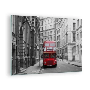 Schilderen op glas - Een rode bus tussen de monochrome stadsstraten - 70x50cm - Het dagelijkse leven hoeft niet grijs te zijn - Moderne wanddecoratie voor woonkamer en slaapkamer ARTTOR