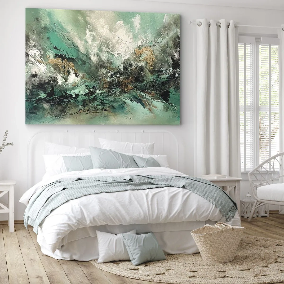 Schilderen op canvas - Abstract landschap in tinten groen en goud - 70x50cm - Emerald en zwarte branding - Moderne wanddecoratie voor woonkamer en slaapkamer ARTTOR