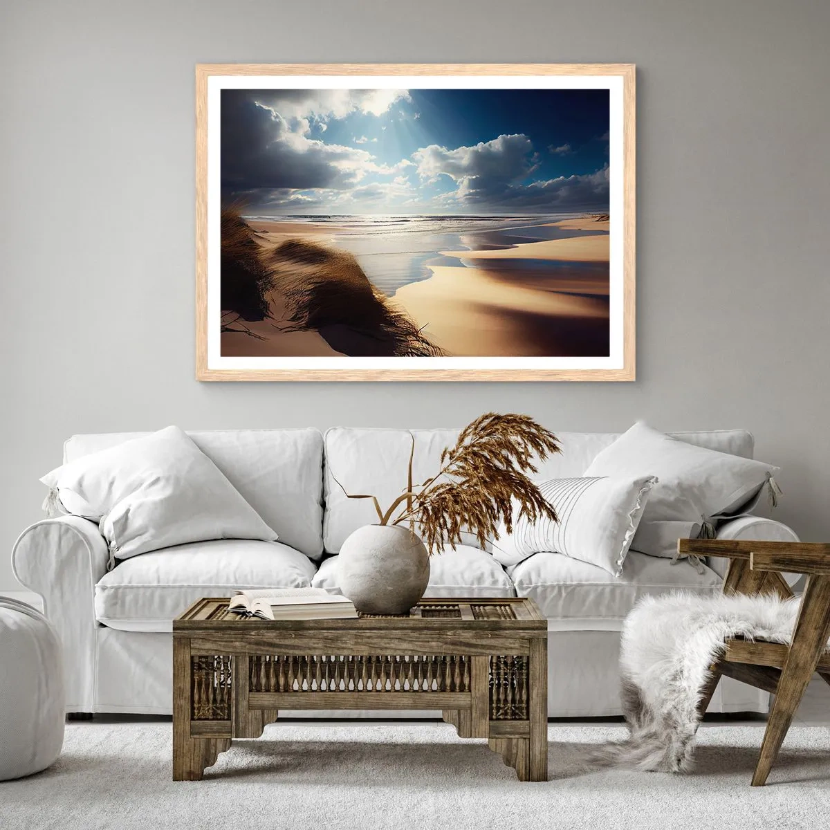 Een poster in een licht eiken lijst - Strand, wild strand - 91x61 cm