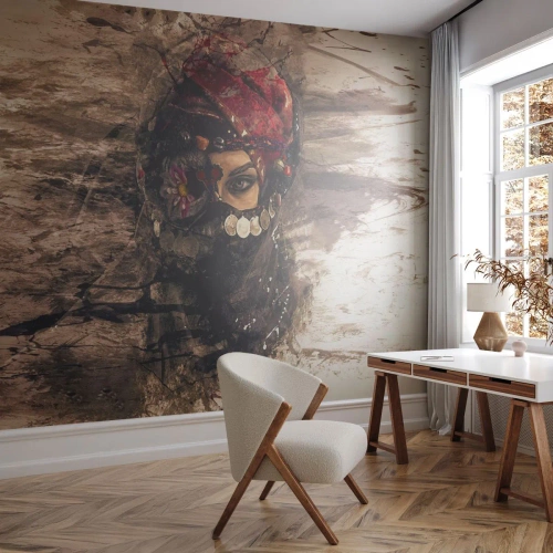 Zelfklevend Fotobehang Deluxe Sticker - Op zijn zachtst gezegd verontrustend - Abstractie, Het gezicht van de vrouw, Oosterse symbolen - 300x210 cm