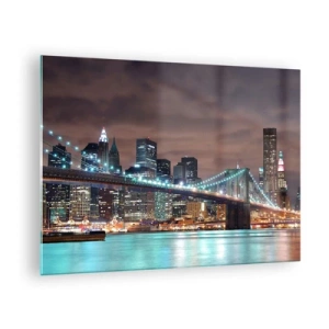 Schilderen op glas - Nachtpanorama van de stad met de verlichte brug - 70x50cm - Lichten van een grote stad  - Moderne wanddecoratie voor woonkamer en slaapkamer ARTTOR