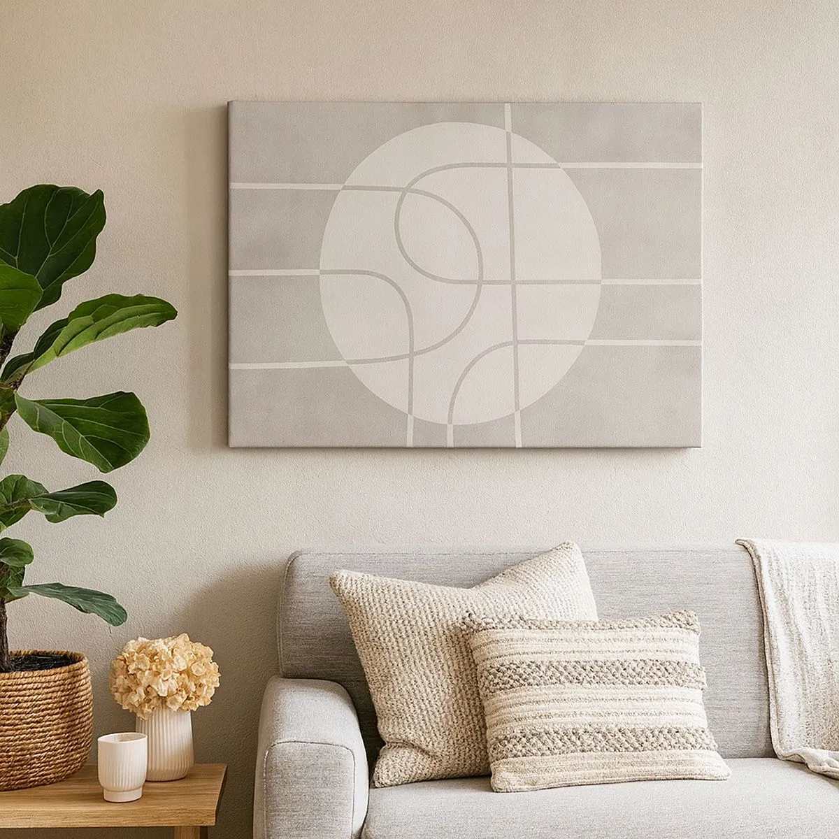 Schilderen op canvas - Geometrisch patroon in tinten grijs en wit - 70x50cm - Rond en rechtdoor - Moderne wanddecoratie voor woonkamer en slaapkamer ARTTOR
