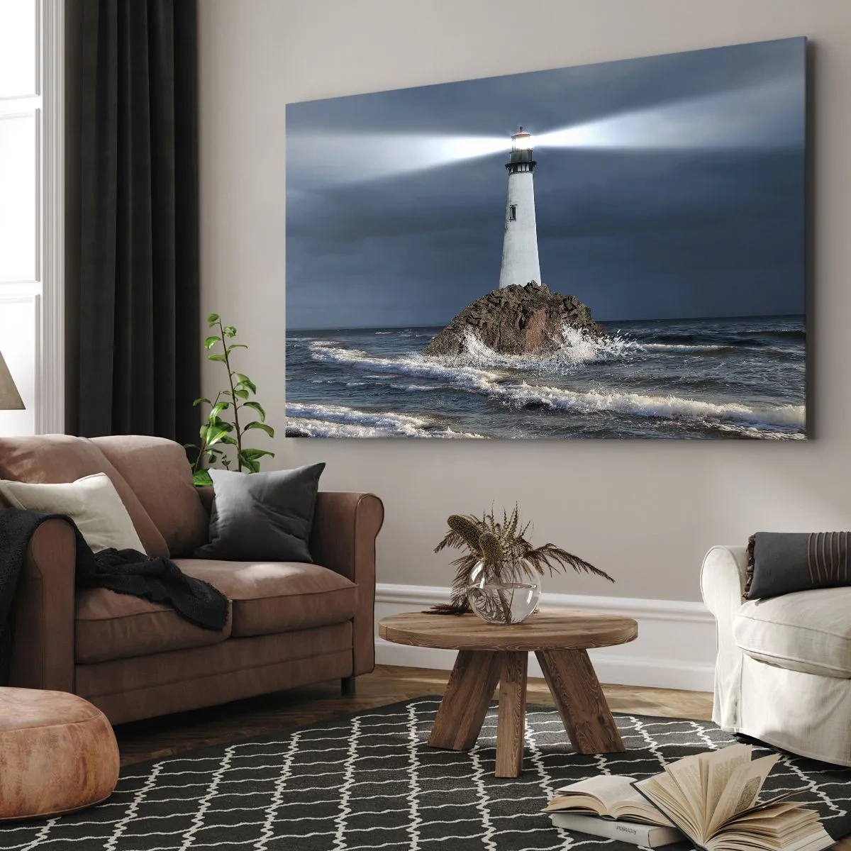Schilderen op canvas - Een vuurtoren op een rots omgeven door een stormachtige zee - 70x50cm - Hier... hier... hier! - Moderne wanddecoratie voor woonkamer en slaapkamer ARTTOR
