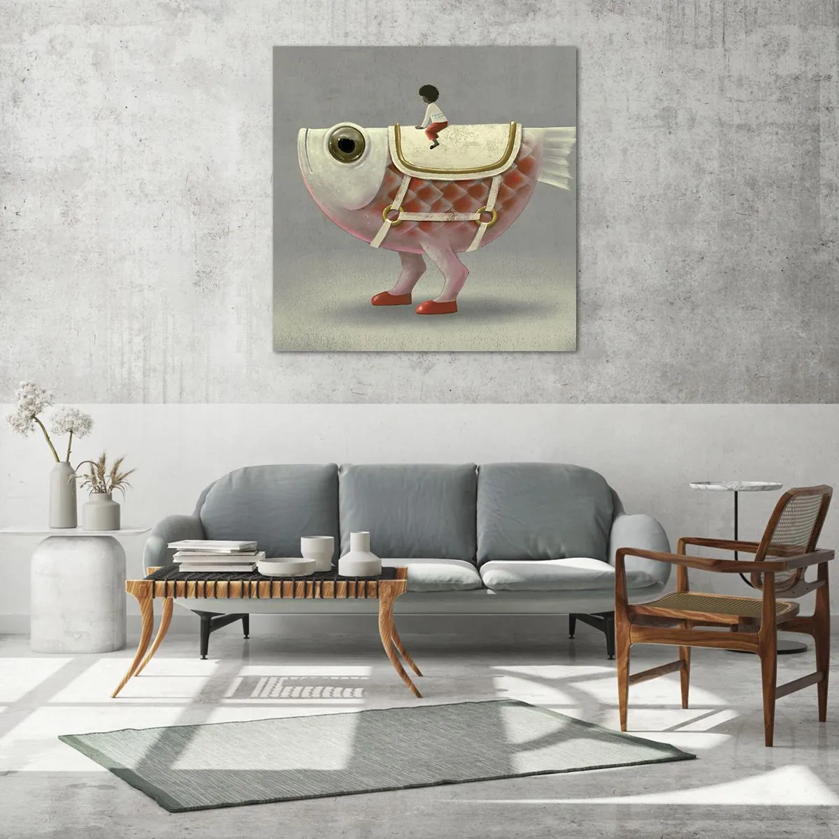 Schilderen op glas - Ruiter op een surrealistische vis - 40x40 cm