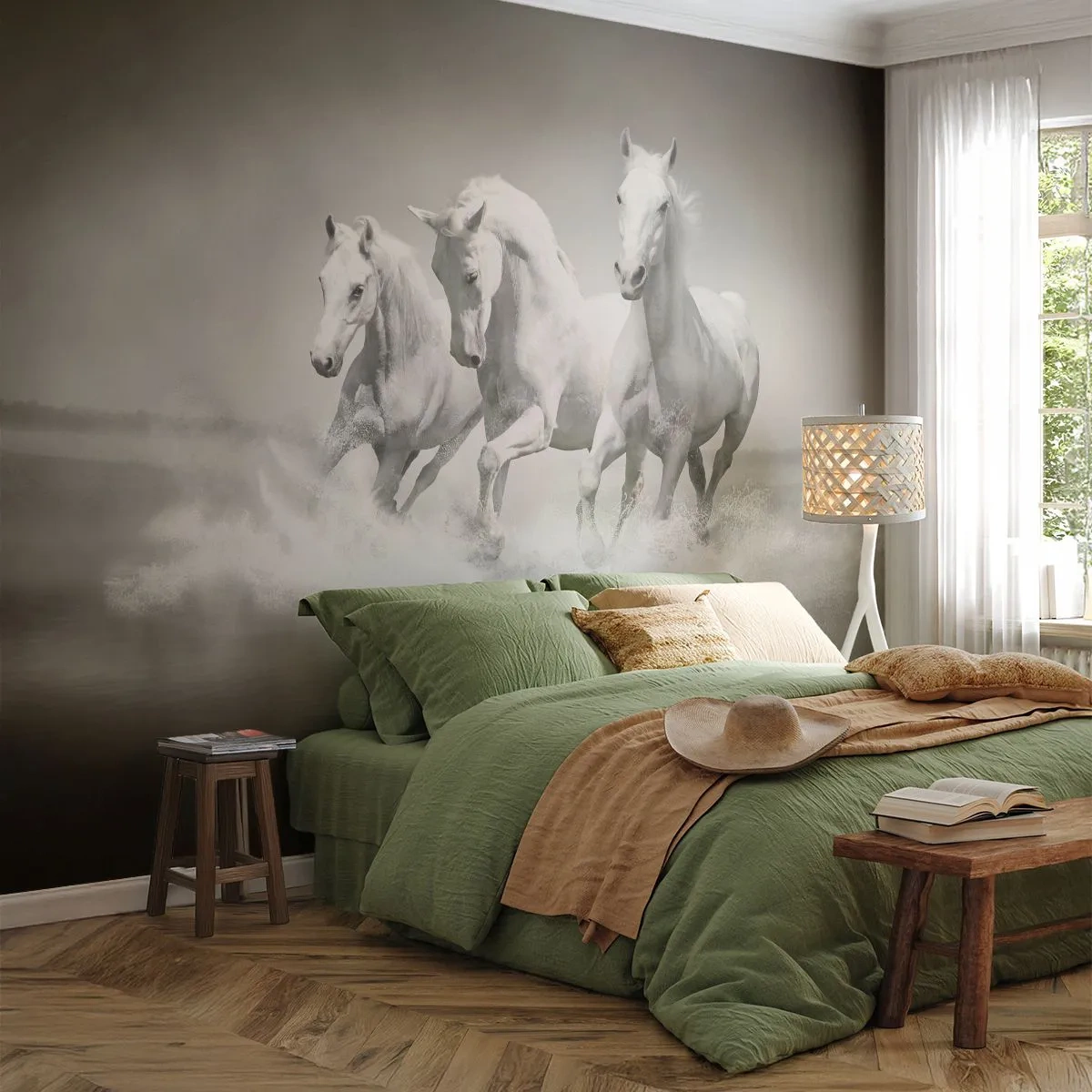 Fotobehang Premium Sand - Witte waanzin - Dieren, Paarden, Natuur - 400x280 cm