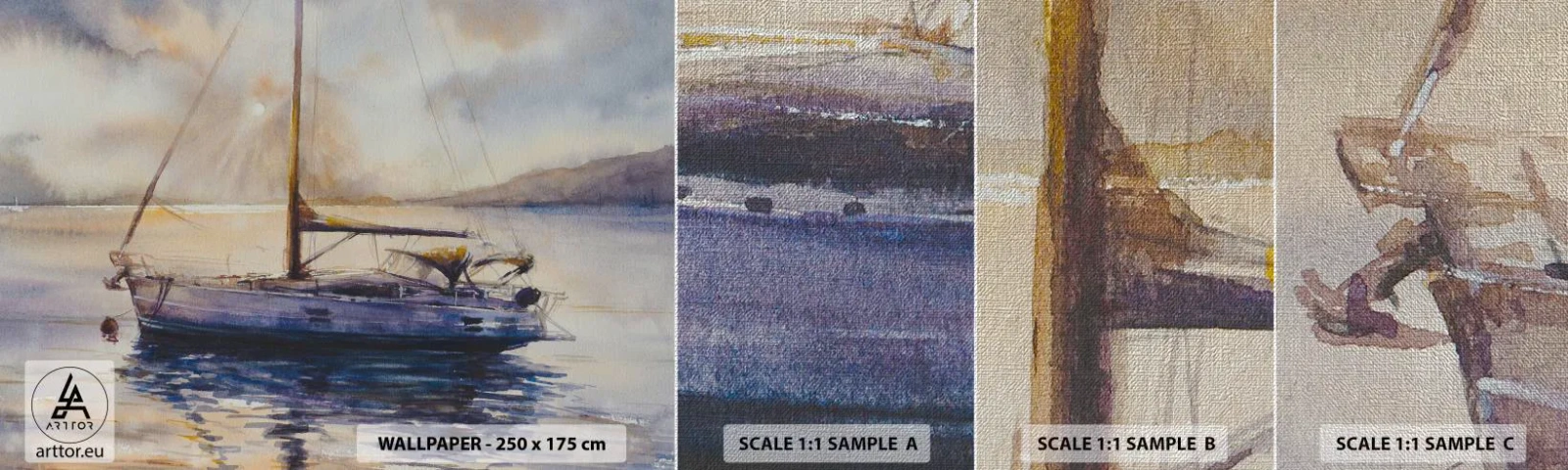 Fotobehang Monster Premium Canvas - Avond aan de baai - Zeilboot, Vissen, Kust - 100x30 cm