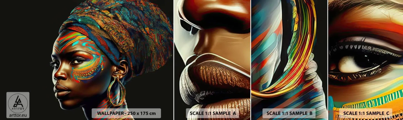 Fotobehang Monster Zelfklevend Deluxe Sticker - Afrikaanse koningin - Tulband, Stammen, Afro-Amerikaans - 100x30 cm