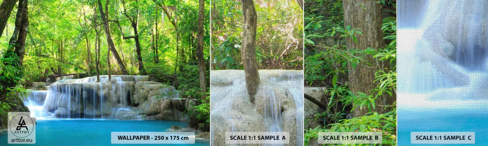 Fotobehang Monster Premium Canvas - Verdrinken in turkoois en groen - Landschap, Waterval, Cascade - 100x30 cm