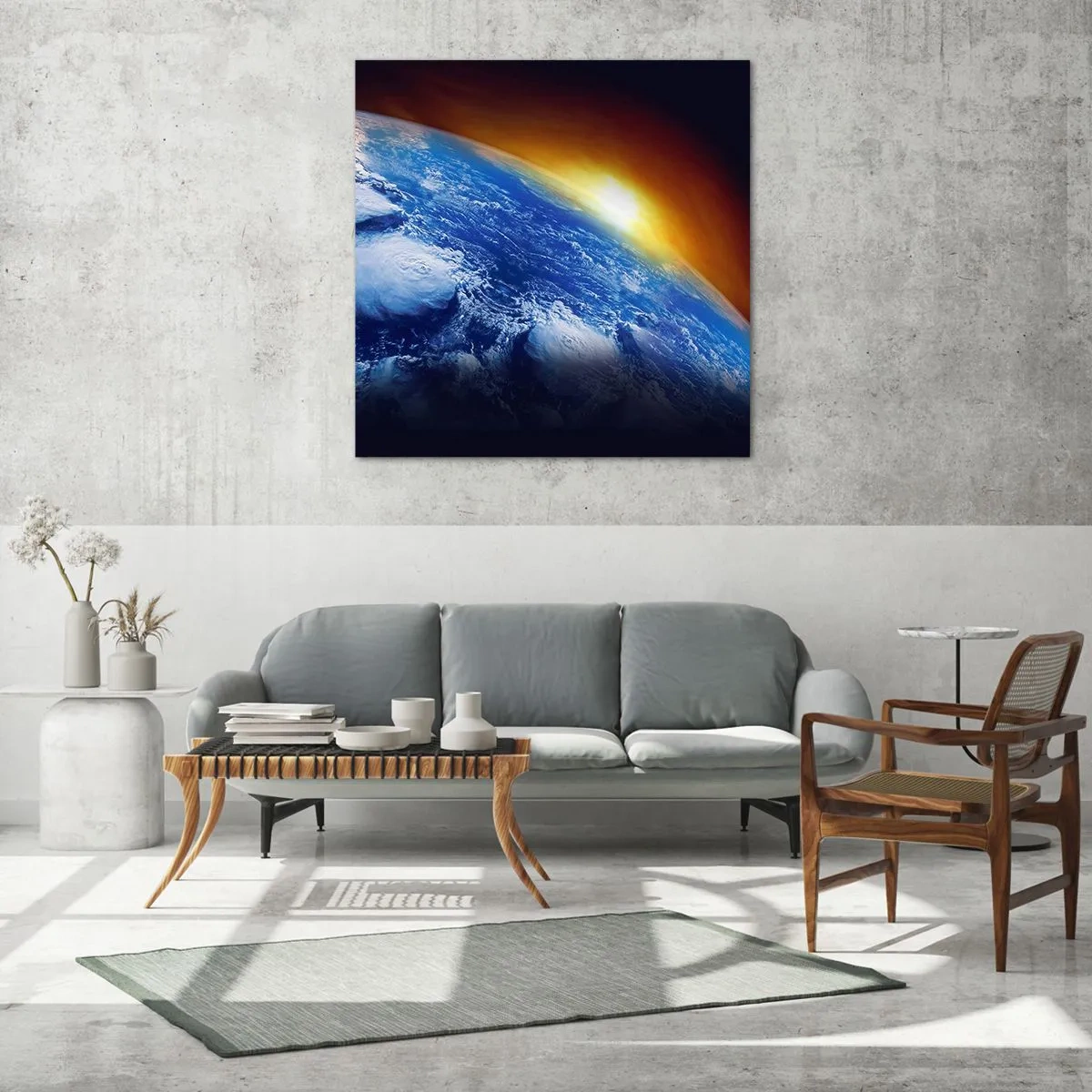 Schilderen op glas - Zonsopgang boven de blauwe planeet - 70x70 cm