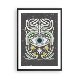 Poster in een zwarte lijst - Een symbolisch oog omgeven door plantenpatronen op een donkere achtergrond. - 50x70cm - Tribale rituelen - Moderne wanddecoratie voor woonkamer en slaapkamer ARTTOR