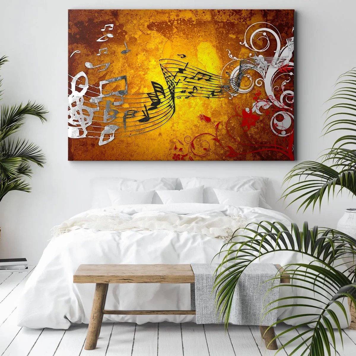 Schilderen op canvas - Abstracte muzieknoten op een kleurrijke achtergrond met ornamenten - 70x50cm - Laat de muziek stromen - Moderne wanddecoratie voor woonkamer en slaapkamer ARTTOR