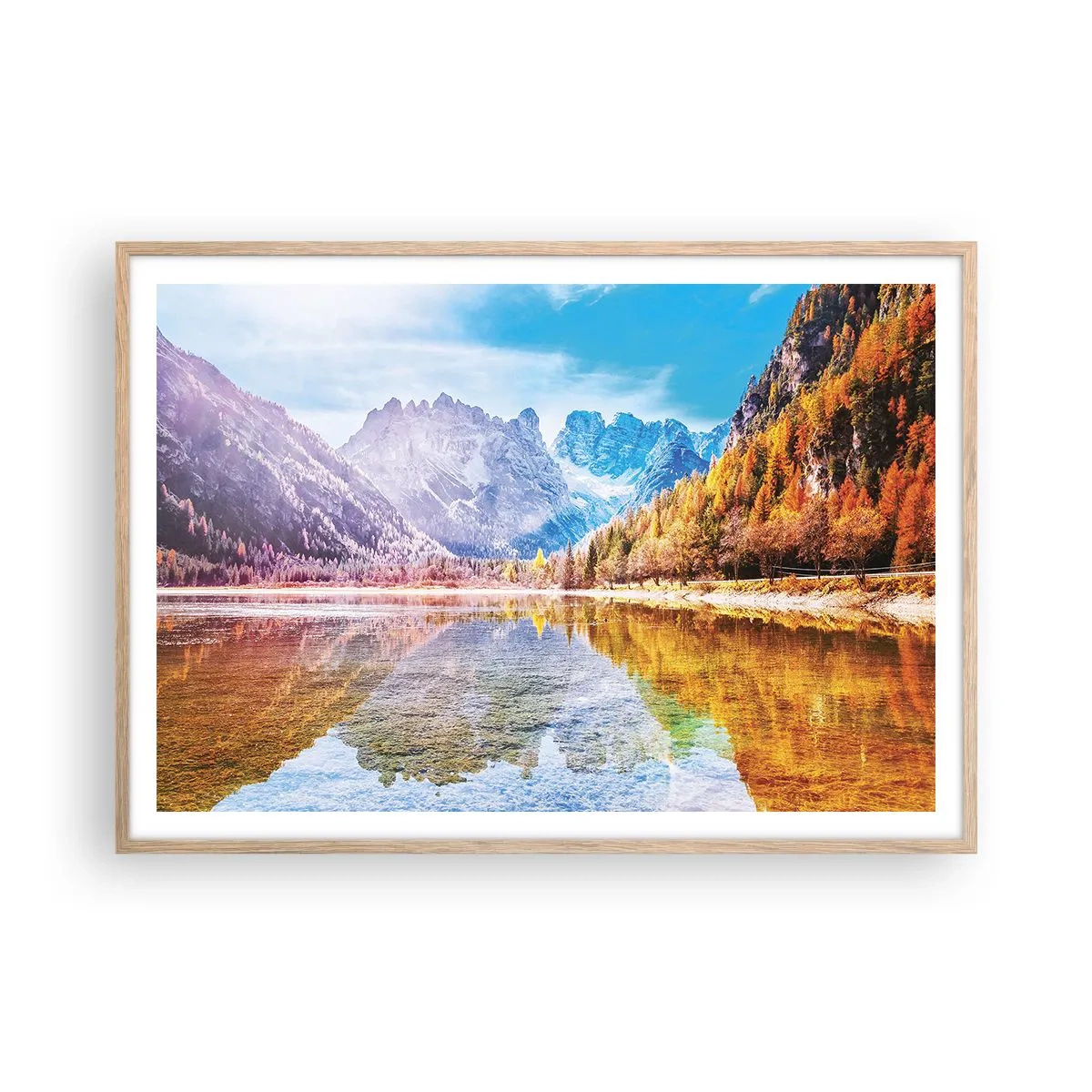 Een poster in een licht eiken lijst - En het is al herfst in de bergen - 100x70 cm