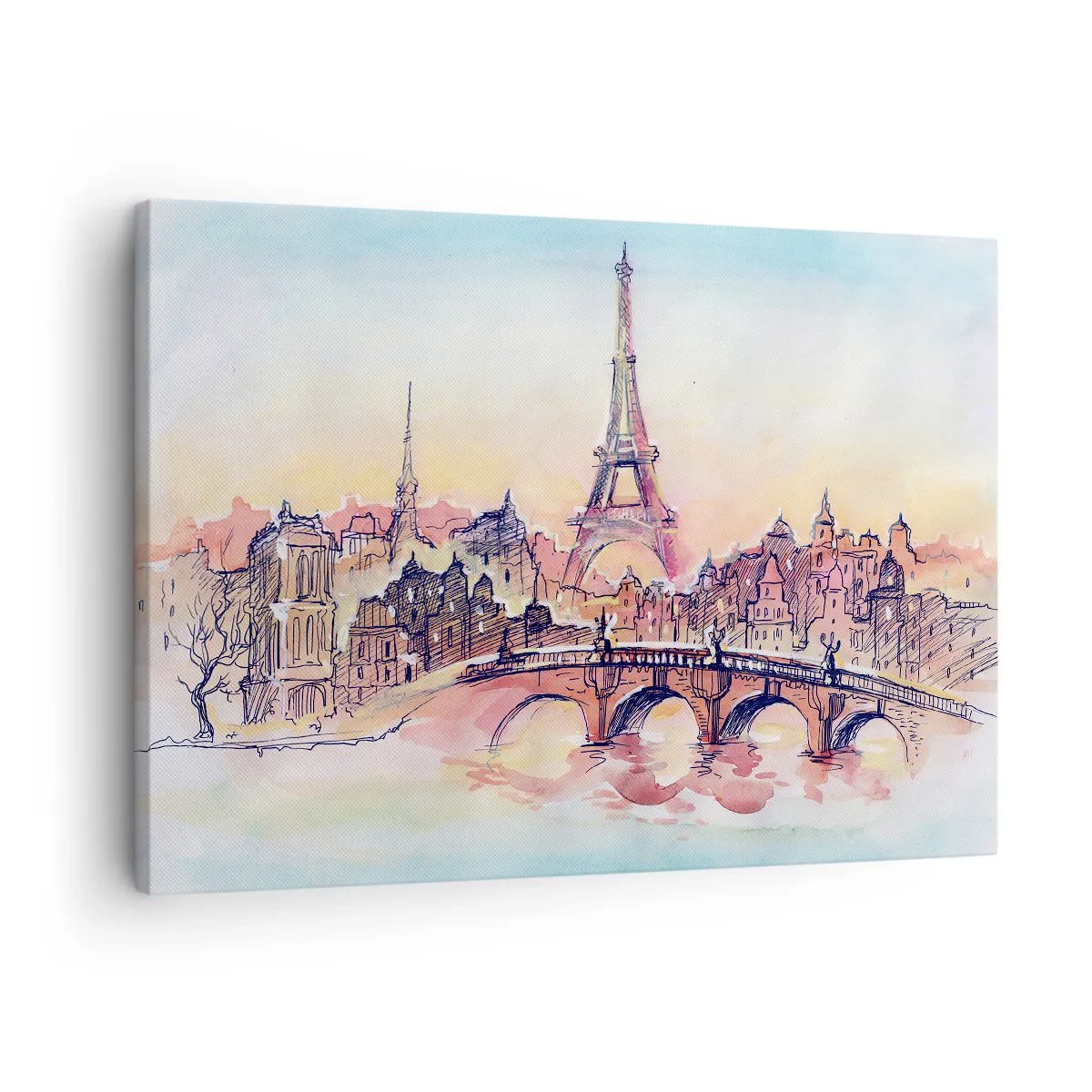 Schilderen op canvas - Aquarelpanorama van Parijs met de Eiffeltoren bij zonsondergang - 70x50cm - De enige dergelijke stad ter wereld - Moderne wanddecoratie voor woonkamer en slaapkamer ARTTOR