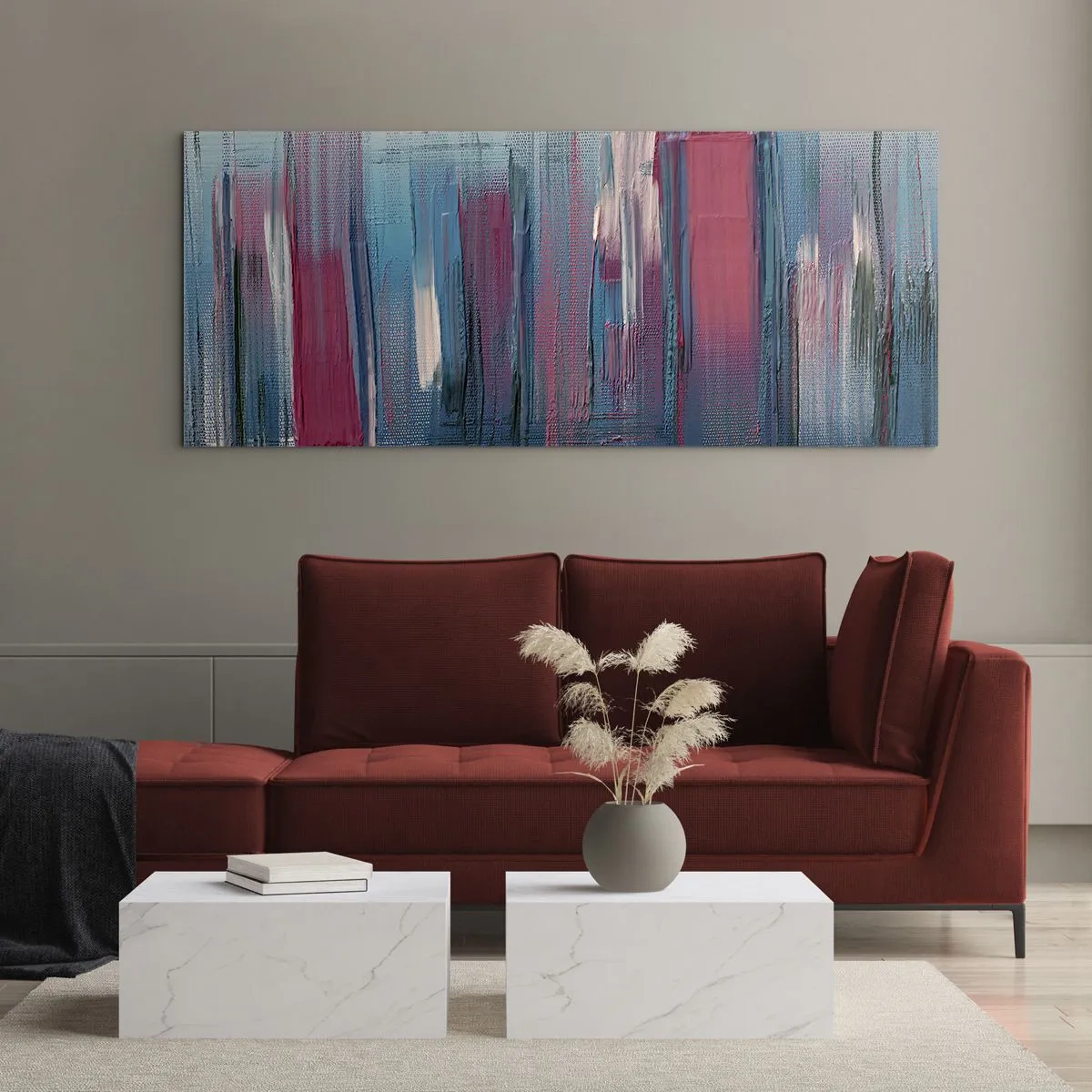 Schilderen op glas - Verticale compositie in blauw en rood - 100x40 cm